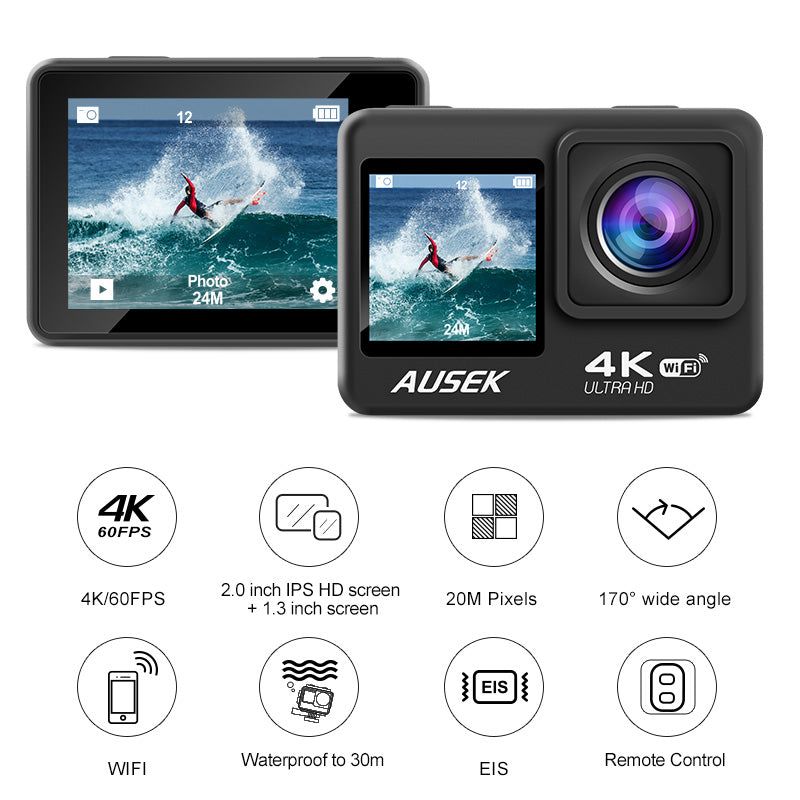 4K 60FPS WiFi Camera with Dual Color Screen 170° Wide Viewing 30M Waterproof EIS Anti-shake Outdoors Sports Camera