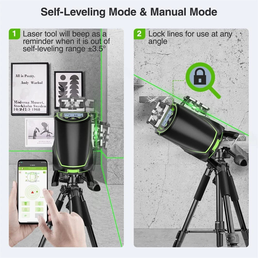4D 16 Line Laser Level Self-Leveling LCD Screen Bluetooth Connectivity Rechargeable Battery IP54 Waterproof Type-C Charging