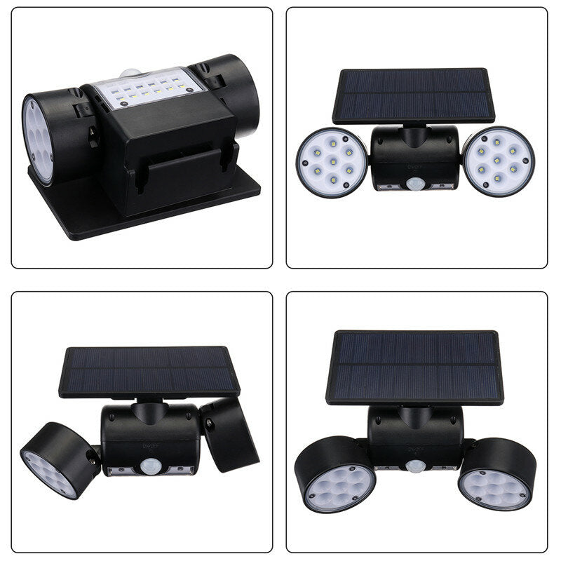 30LED Solar Power PIR Motion Sensor Wall Light Adjustable Dual Head Outdoor Spot Lamp