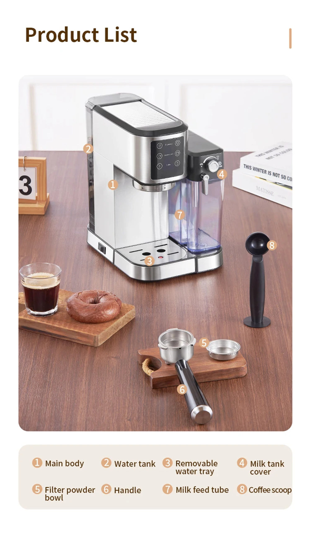 20Bar Semi-Automatic Coffee Machine with Auto Milk Frother One-Touch Operation for Espresso Cappuccino Latte