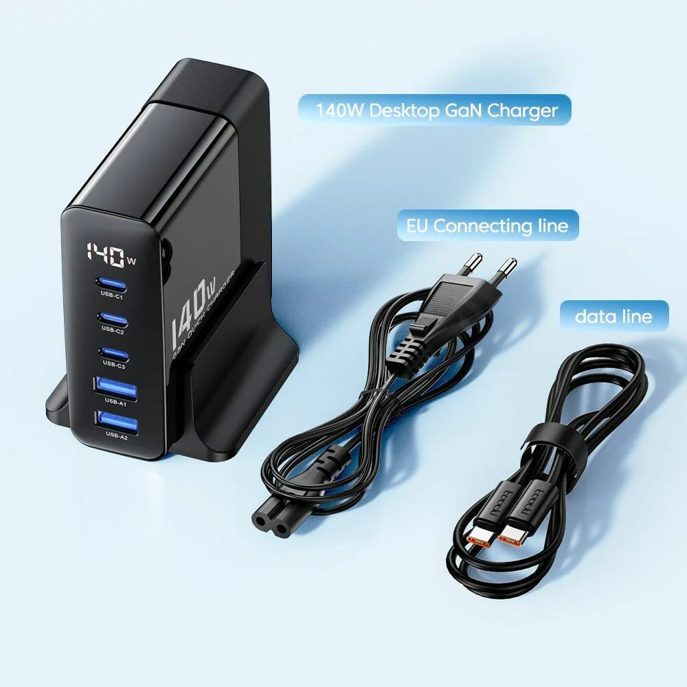 140W 5-Port Desktop Charging Station, Black, Fast Charging, PD3.1 & QC4.0, Compact Size 85x79x60mm