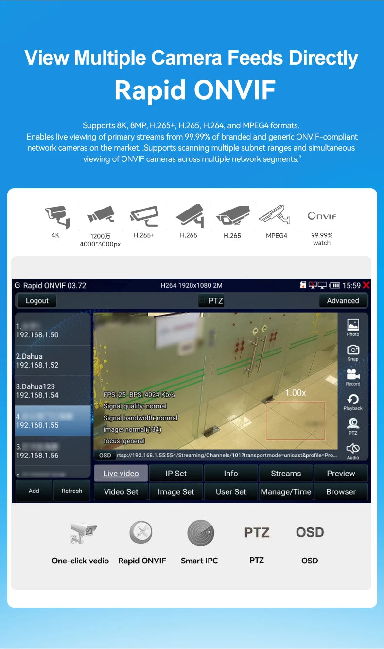 IPC Camera Tester 8 Inch Touch Screen 12V 24V HDMIVGA PoE TDR VFL CVBS AHD TVI CVI IP Camera Tester Optical Power Meter