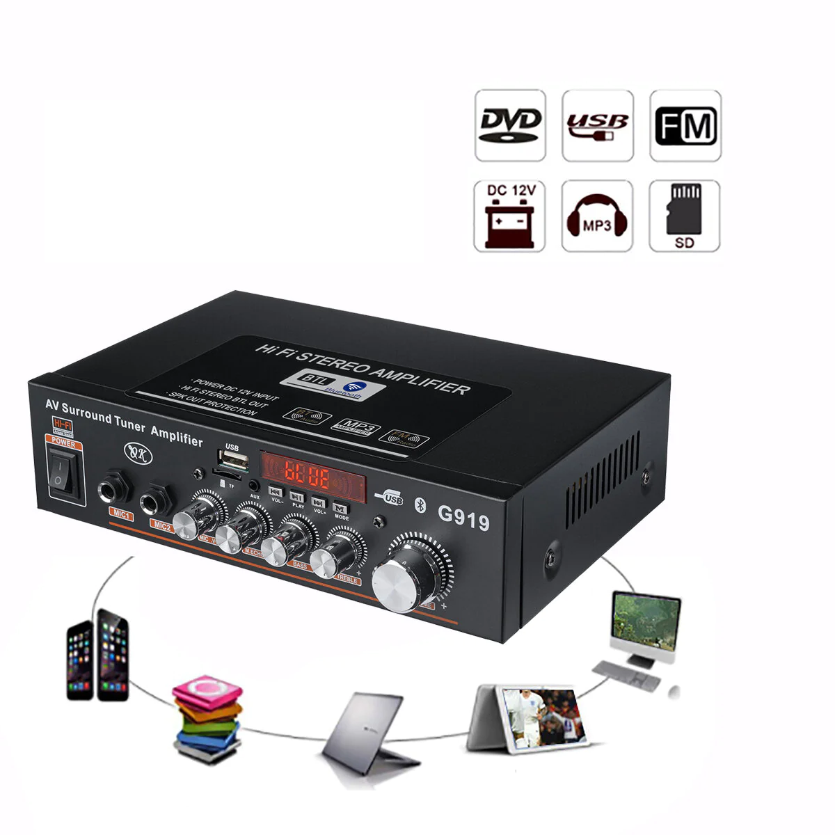 Intelligent Digital Power Amplifier Mini Power Amplifier Household Vehicle Dual Purpose 110-220V Vehicle DC12-24V