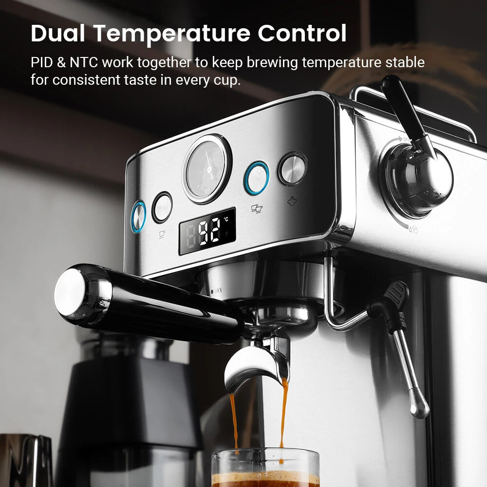 Espresso Coffee Machine H10A 20Bar 1150W with Pressure Gauge PID & NTC 51mm Portafilter Manual Steam Wand