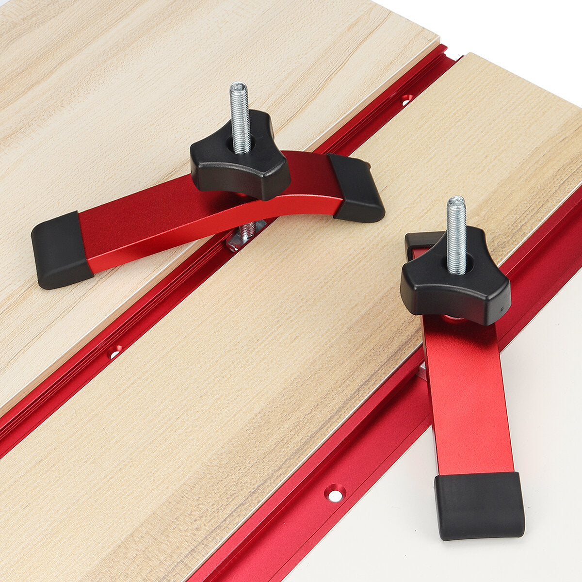 2PCS T Track Hold Down Clamps Set - Aluminum Alloy, Red & Black, Includes T Bolts, Knobs, Washers, Storage Box
