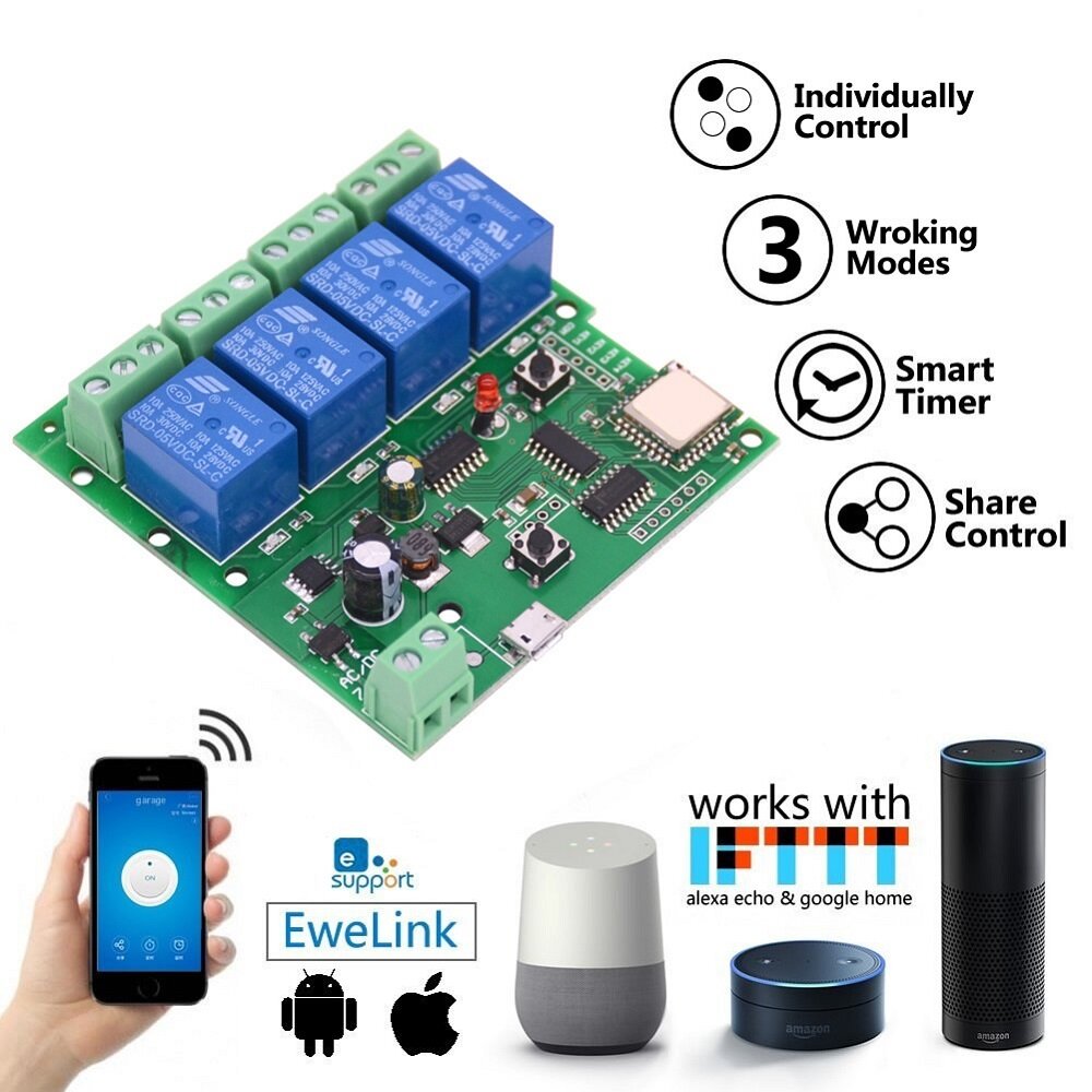 WiFi 4-way Relay Module Inching Momentary/Self-Locking/Interlock Switch Module Works with Amazon Alexa