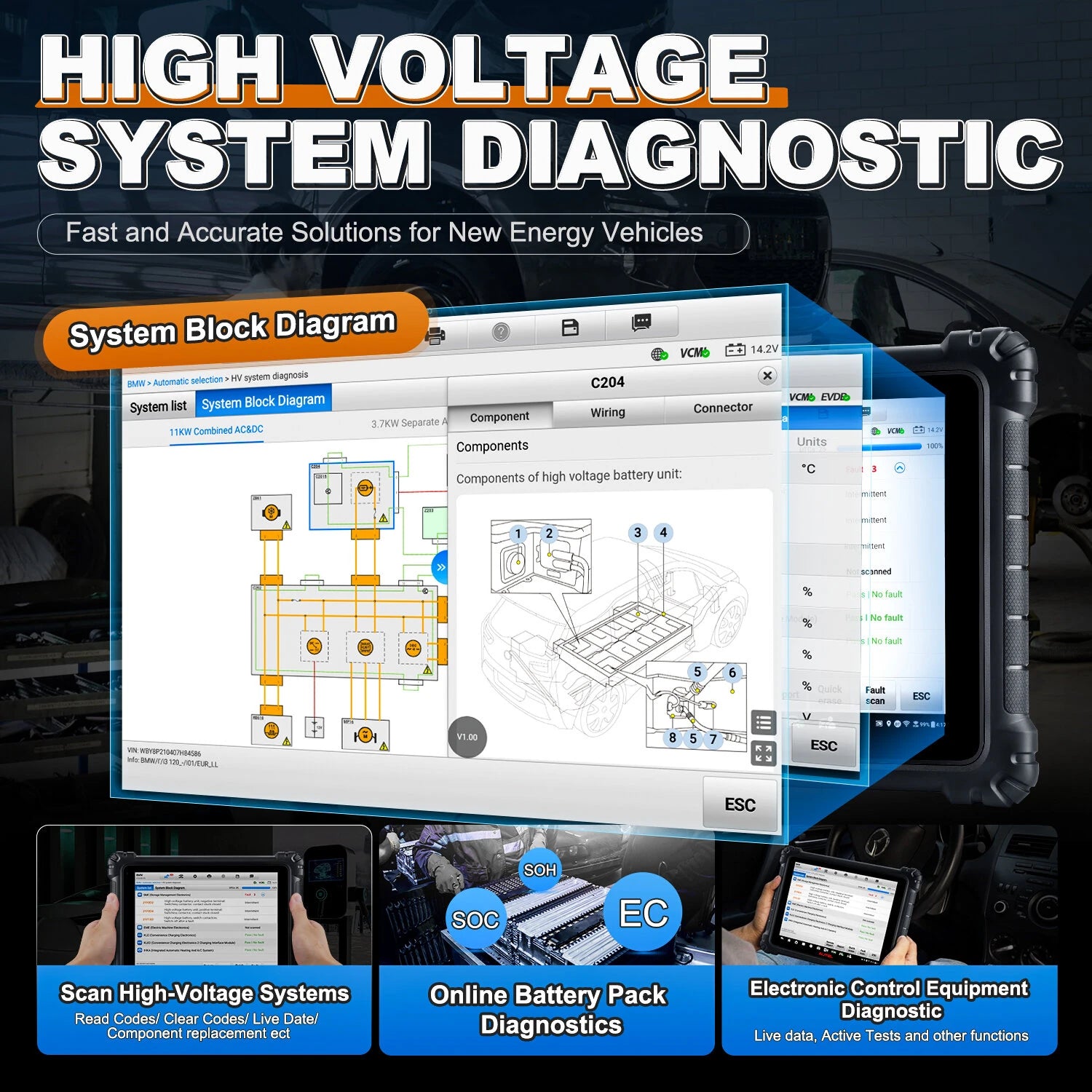 Ultra EV Advanced Diagnostics Tool High Voltage System Battery Pack Analysis Online ECU Programming Coding 5-in-1 VCMI RP1210 J2534 CAN FD