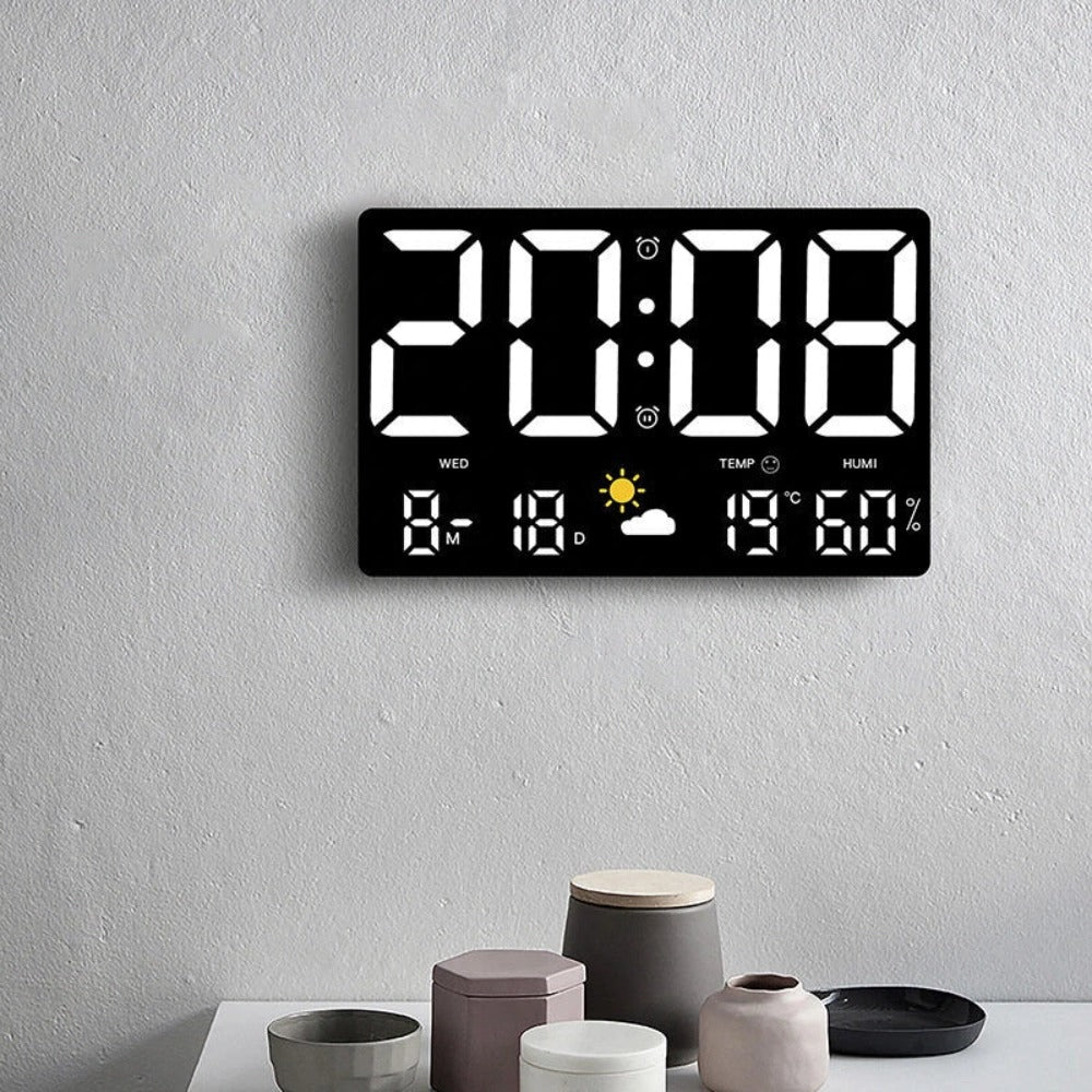 Large Digital Wall Clock with LED Display, Remote Control, Auto Brightness, Temperature, Humidity, Date, Week, 12/24H