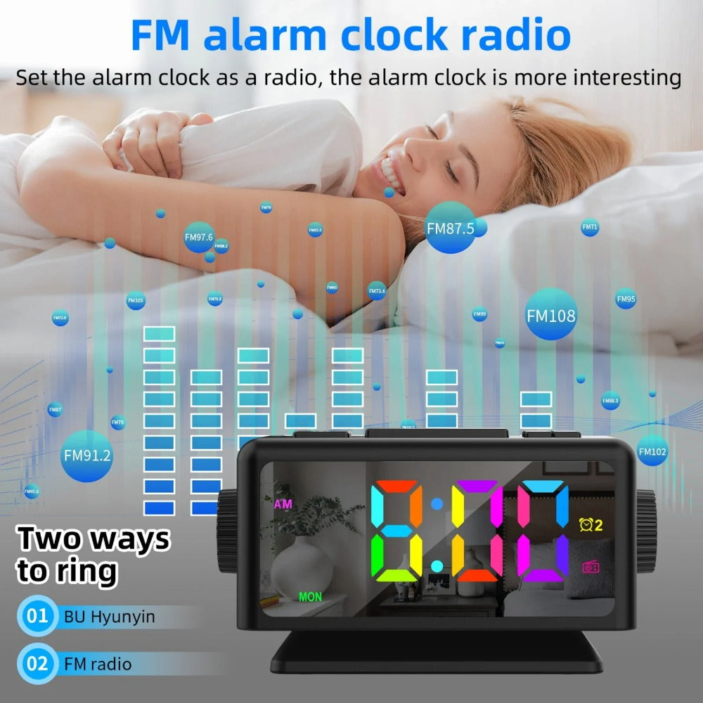 RGB Digital Alarm Clock with FM Radio, Dual Alarms, Snooze, Dynamic Display, 12/24H, Date, USB Charging - Ideal for Home & Office