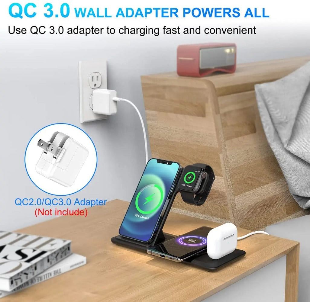 4-in-1 Wireless Charger with USB Cable, 15W Fast Charging for iPhone, Samsung, AirPods, Apple Watch - Anti-Slip Design