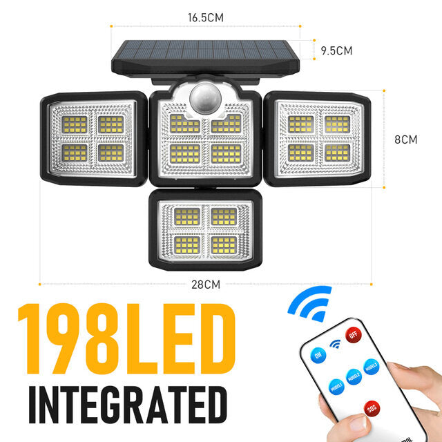 192/198 LED COB Outdoor Solar Lights 4 Head Motion Sensor 270 Wide Angle Lighting Waterproof Remote Control Solar Garden Wall Lamp