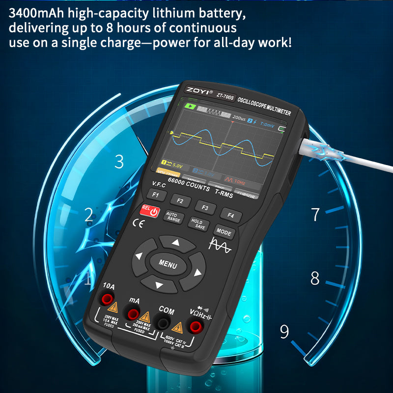 Handheld Oscilloscope Multimeter 3-In-1 Dual Channel 50MHz 280MSa/s 66000 Counts Signal Generator IPS Display