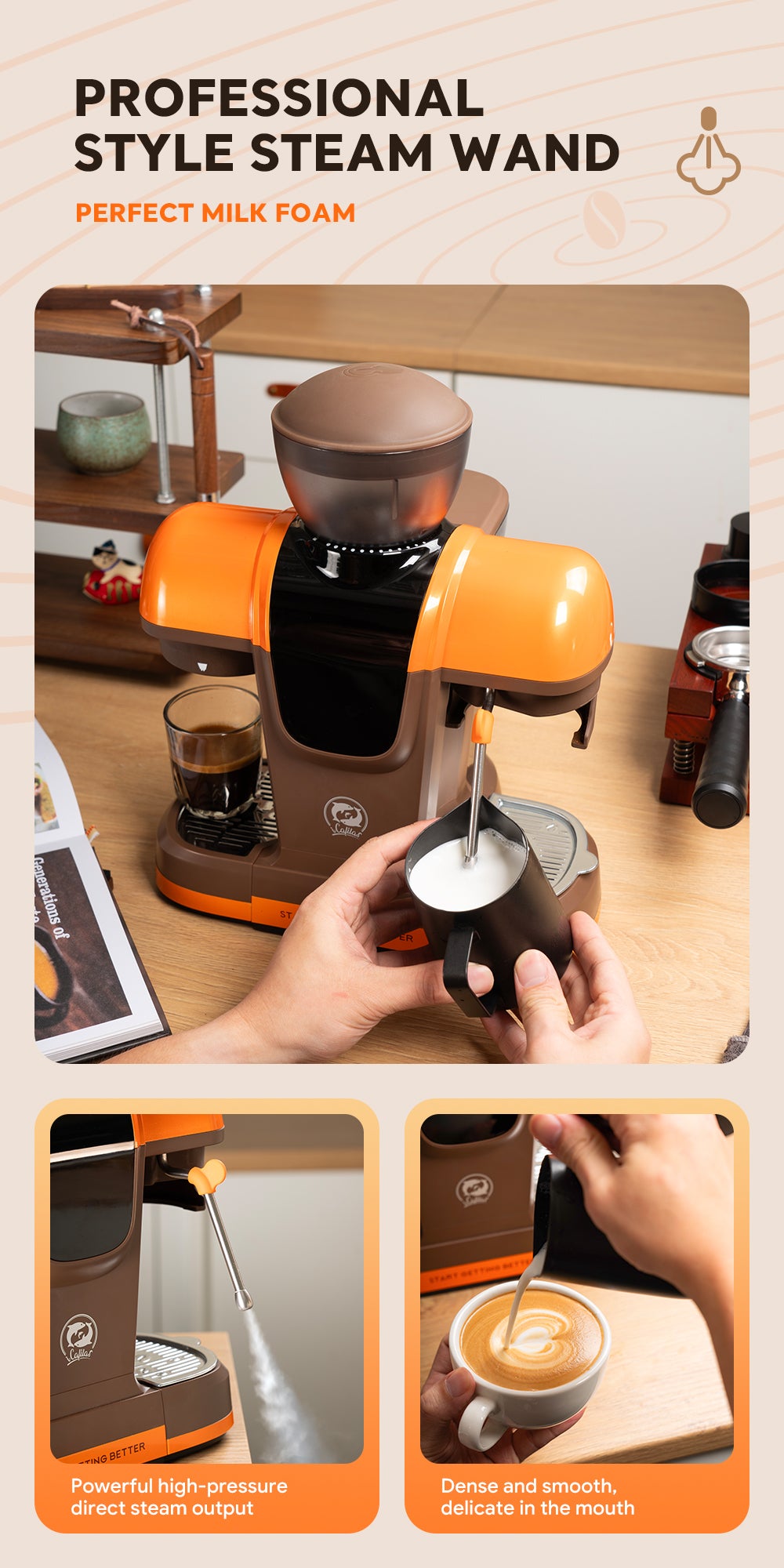 Semi Automatic Espresso Coffee Machine 19Bar with Built-in Grinder Pre-infusion System High-pressure Extraction Touch Panel Control
