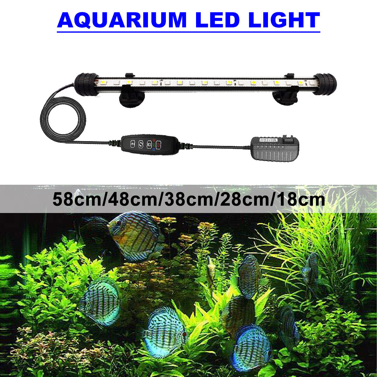 13.2W 18-90CM Fish Aquarium Tank 12V LED 3modes Submersible Light Underwater White + Blue Lamp Lantern