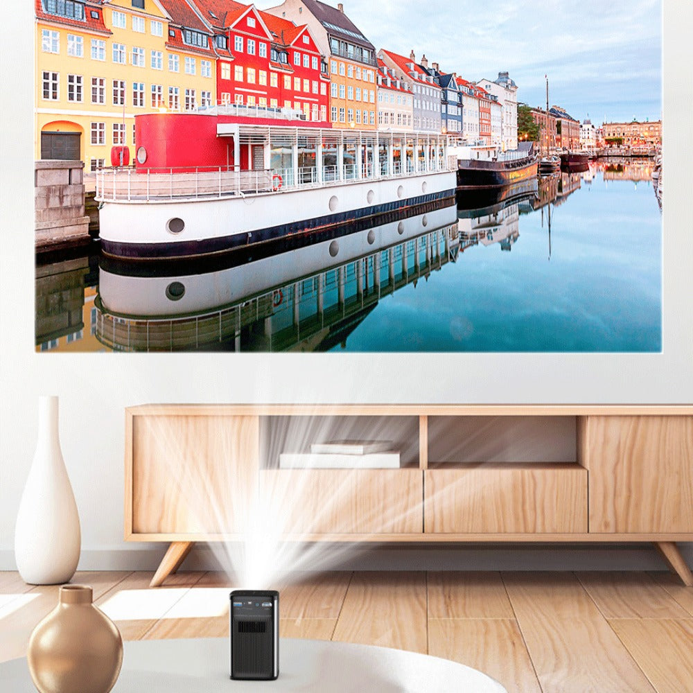 DLP Mini Projector with WIFI6, Android TV, Bluetooth 5.0, Auto Focus, Keystone Correction, Built-in Battery for Outdoor Movies