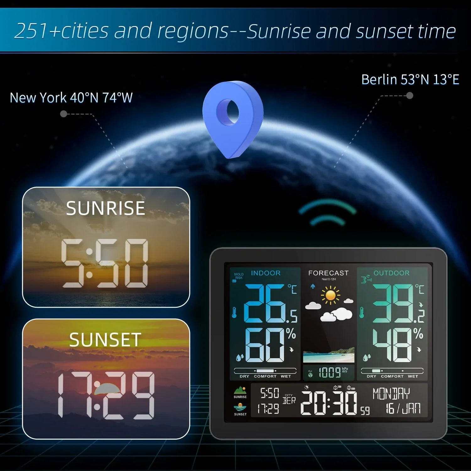 Weather Station Alarm Clock Wireless Indoor Outdoor Thermometer with Atomic Clock Forecast Station with Calendar and Adjustable Backlight