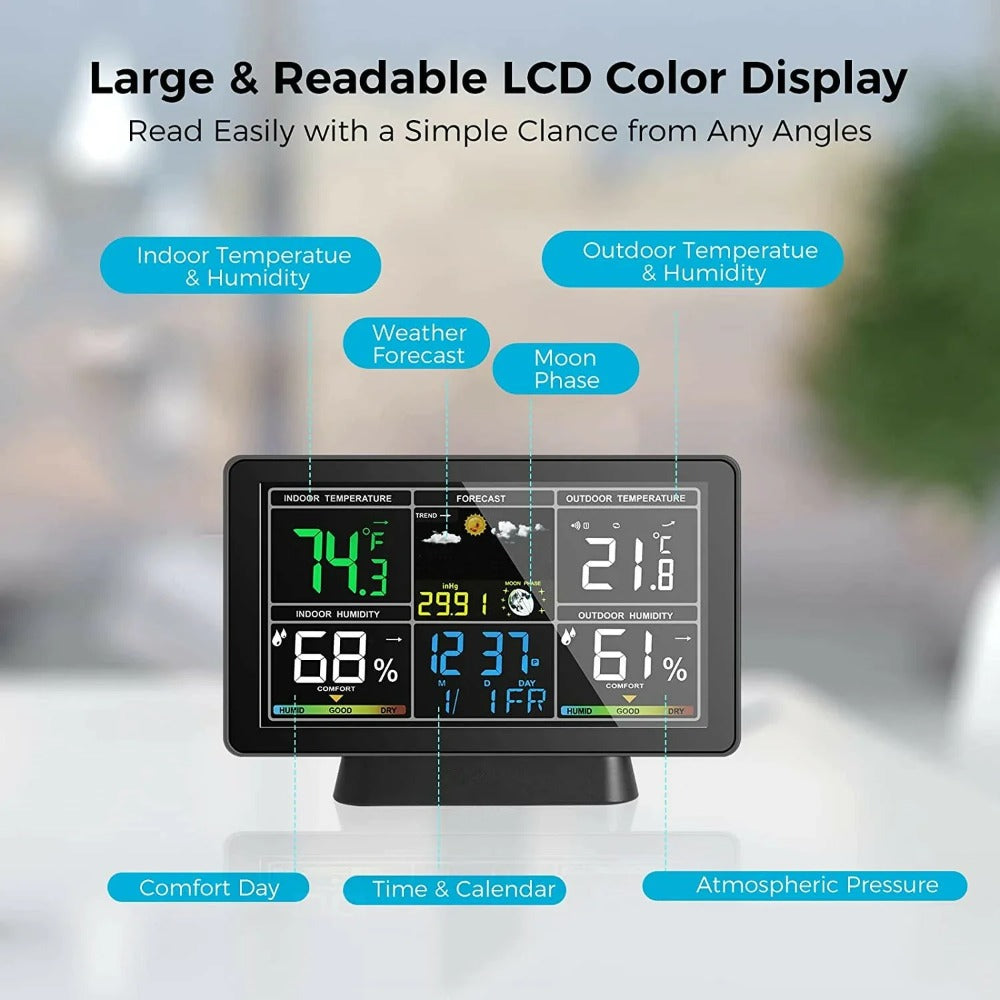 Weather Station Alarm Clock Wireless Indoor Outdoor Thermometer with Atomic Clock / Forecast Station / Air Pressure / Moon Phase
