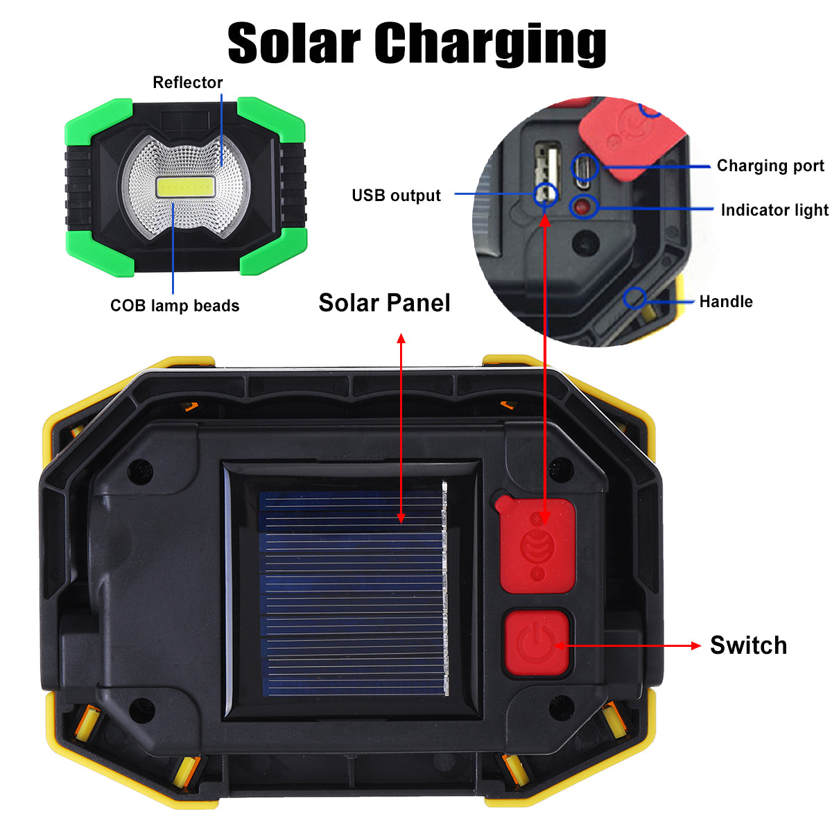 AA/Solar Battery COB 750LM Rechargeable Waterproof LED Portable Spotlight Work Light for Outdoor Camping Fishing