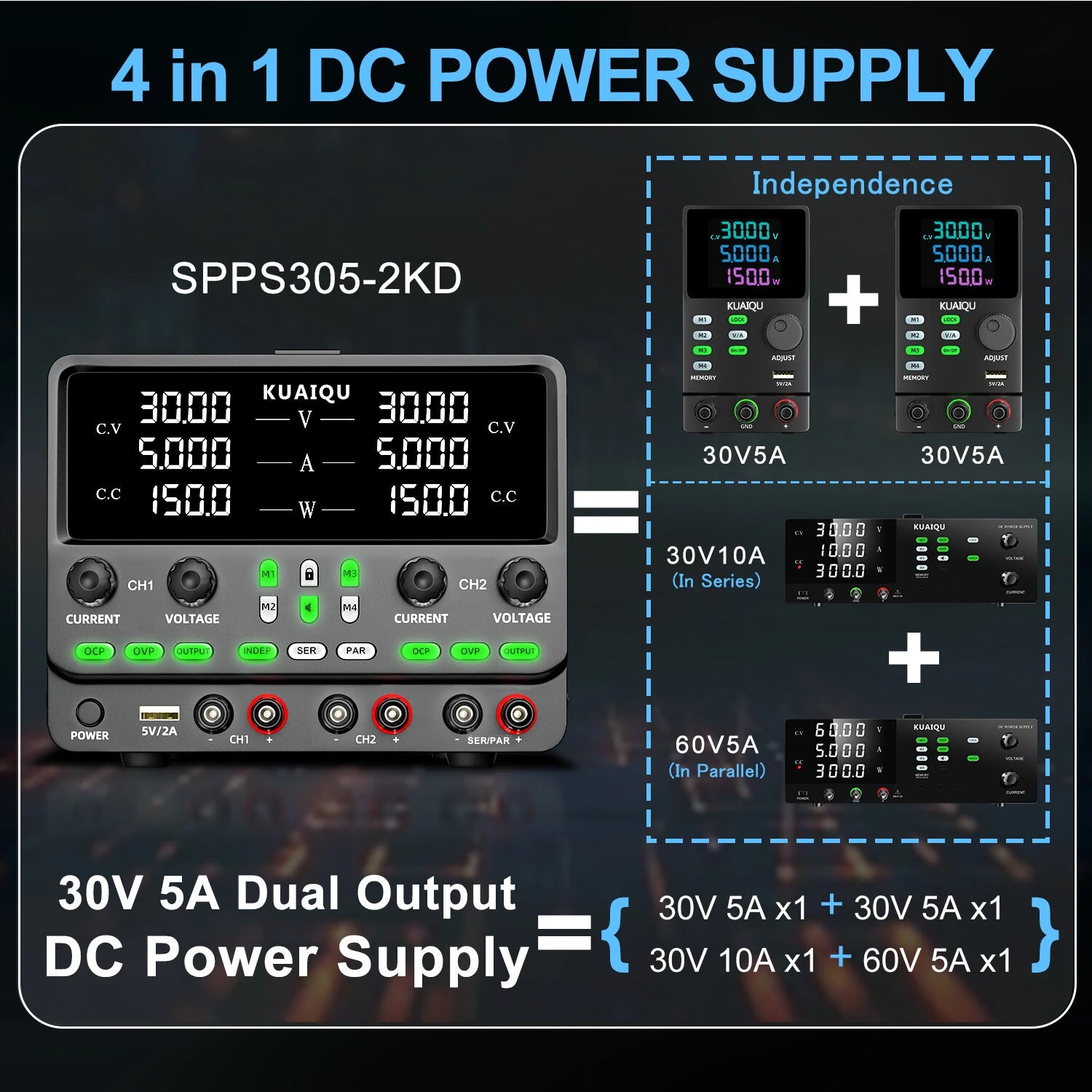 2KD Series Regulated Power Supply 30V 10A Adjustable Voltage Current Precision High Resolution USB RS232 RS485 Interface Compact Lightweight Design