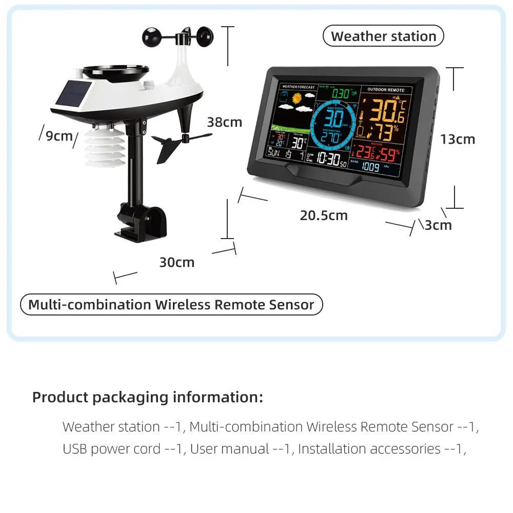 Wireless Weather Station Clock - Indoor/Outdoor Thermometer & Hygrometer with Forecast, Wind/Rain/Moon, Air Pressure Sensor