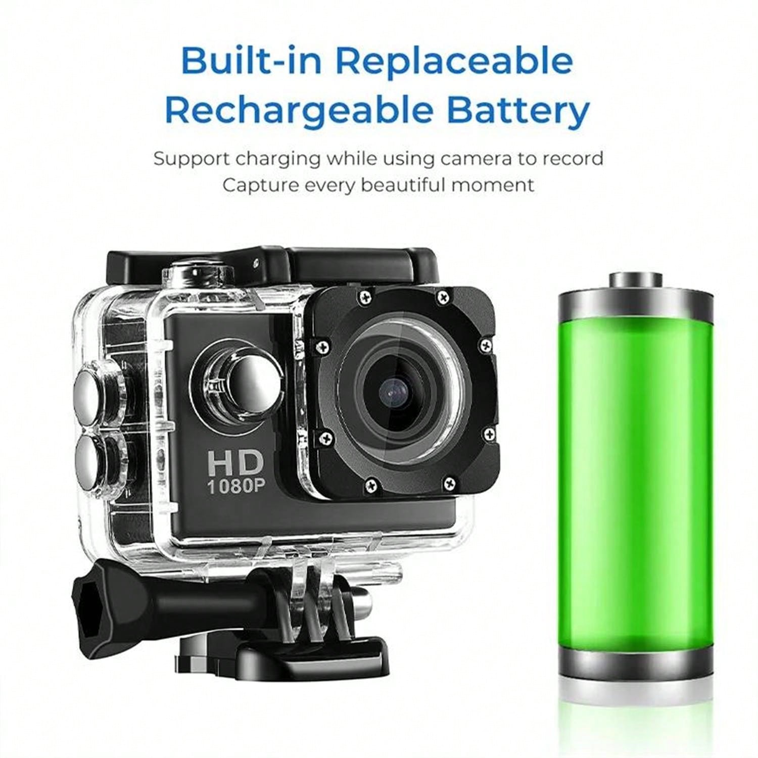 2MP 1080P USB Sports Action Camera, Waterproof, 90° Angle, 60FPS, ≤2" Display, PC Material, USB Power Supply