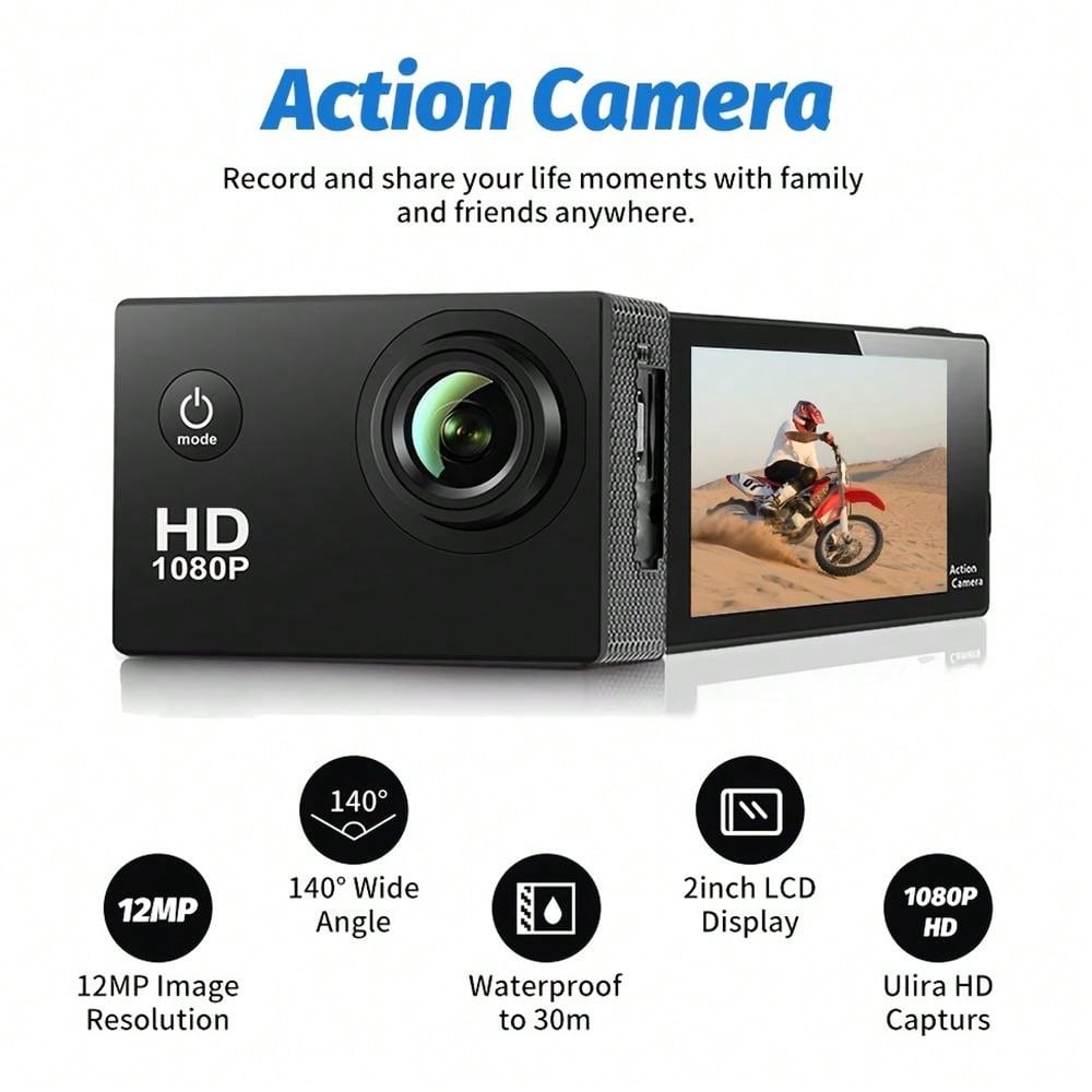 HD 1080P Sport Action Camera with 2" LCD, 5MP, 140° Wide Angle, Waterproof, 900mAh Battery for Outdoor Sports