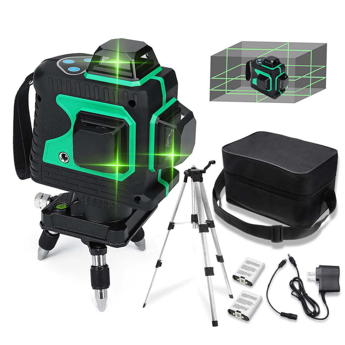 3D Green Auto Laser Level 12 Lines 360 Horizontal & Vertical Cross Build Tool Measuring Tools with 2 Batteries