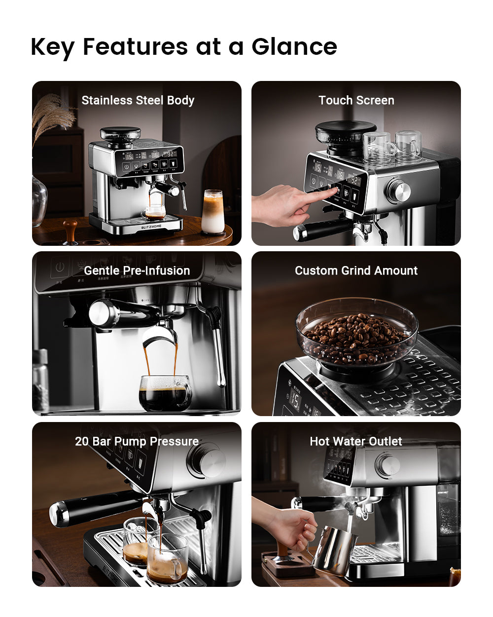Espresso Coffee Machine 20Bar 1150W with Built-in Conical Burr Grinder PID & NTC 51mm Portafilter Manual Steam Wand