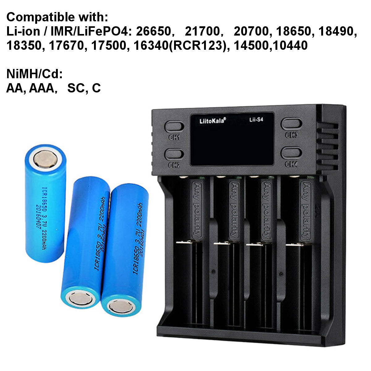 LCD Smart Battery Charger 4 Slot Charger for 18650 26650 18350 NiMH AA