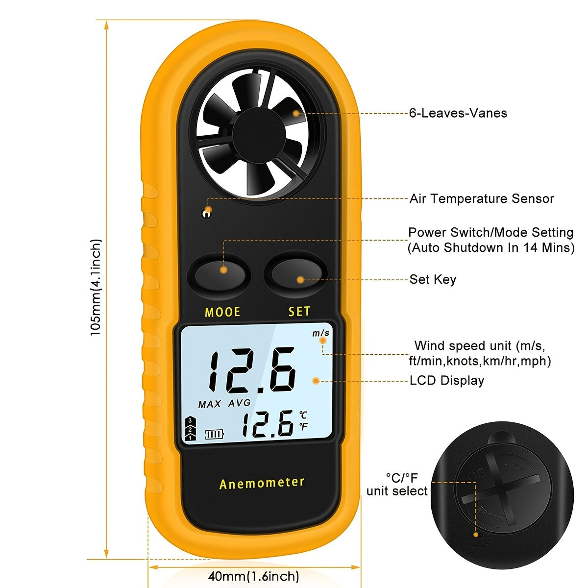 Mini Handheld Anemometer Wind Speed Temperature Gauge With Digital LCD Display