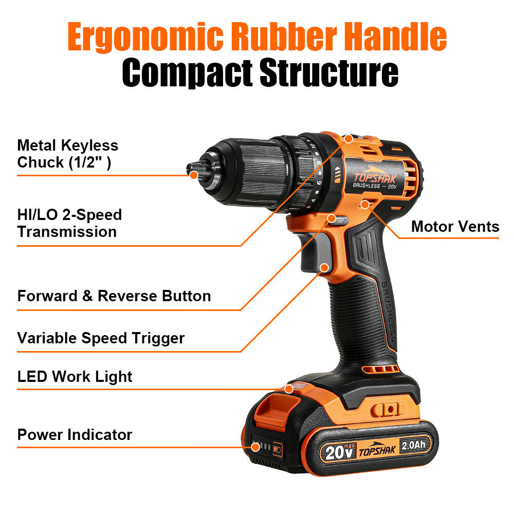 20V 13mm Brushless Electric Drill 45N.m Torque 0-1650RPM Variable Speed 43pcs Accessories