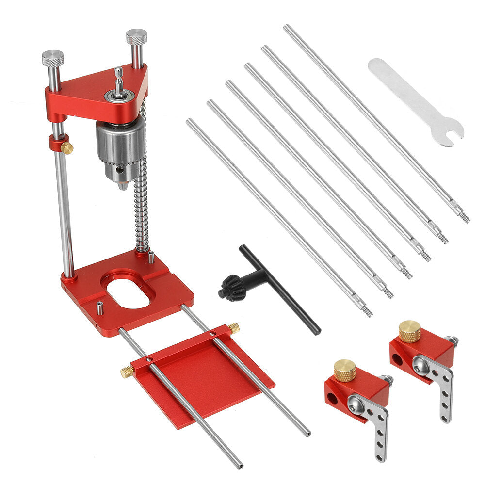 Adjustable Aluminum Alloy Woodworking Drill Locator with Extension Rods, Flip Stops & Wrench for Precision Drilling