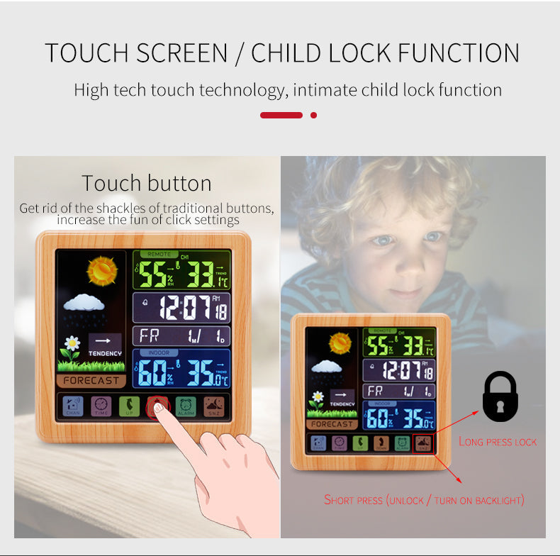 Wireless Touch Screen Weather Station Clock – Indoor/Outdoor Temp/Humidity, Atomic Time, Forecast, USB Charger, Snooze