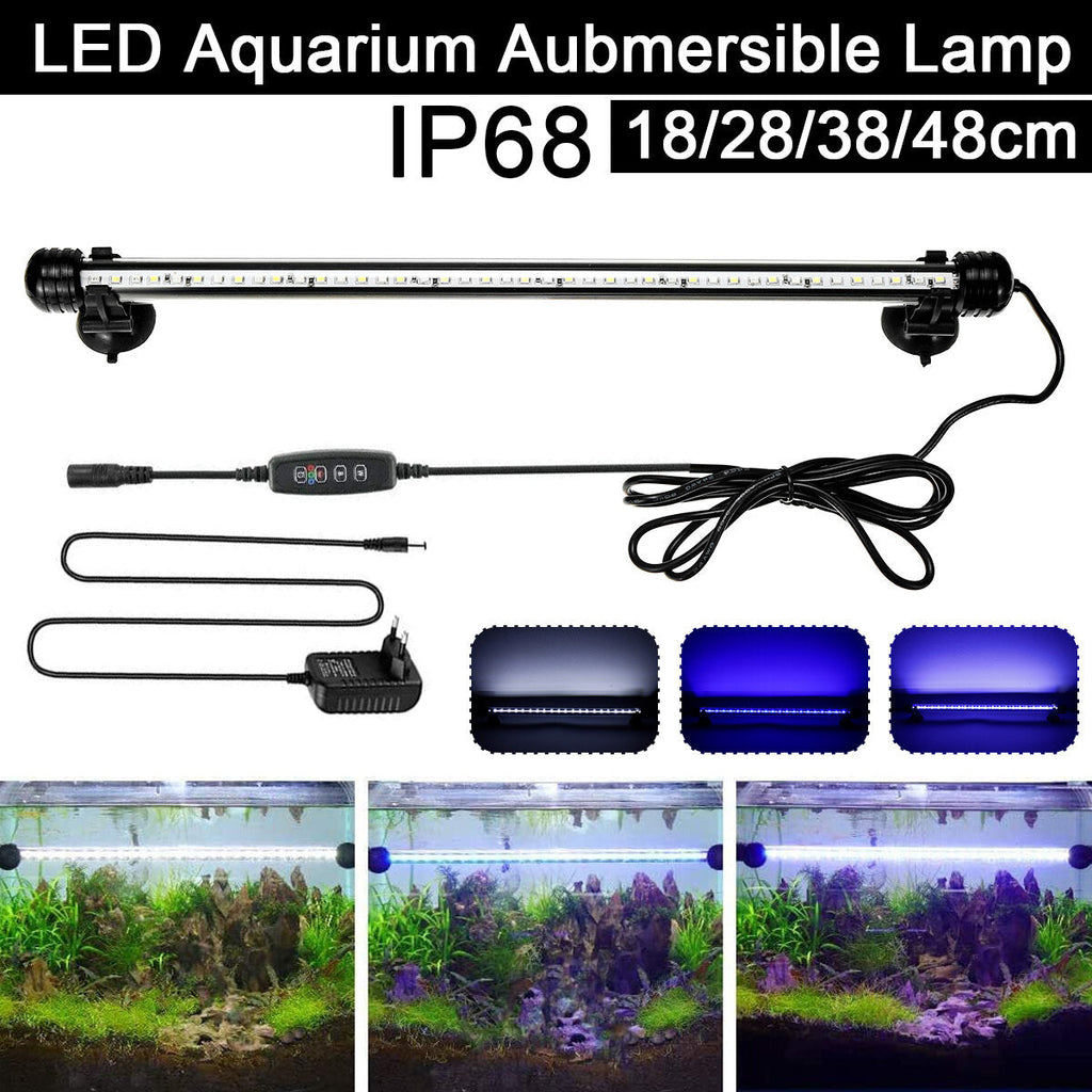 Submersible LED Aquarium Light,Tank Light with Timer Dimming Function,3 Light Modes Dimmable Blue&White&White-Blue EU Plug