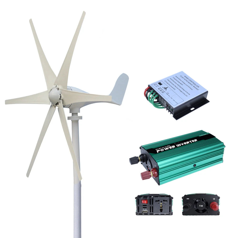 300W S-Shaped 6-Blade Wind Turbine Generator with Controller & Inverter, 12V/24V Auto-Charging