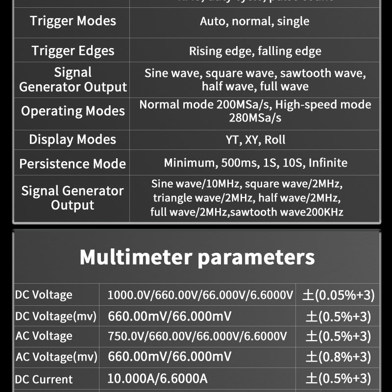 Handheld Oscilloscope Multimeter 3-In-1 Dual Channel 50MHz 280MSa/s 66000 Counts Signal Generator IPS Display