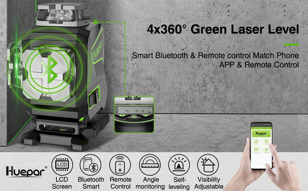 4D 16 Line Laser Level Self-Leveling LCD Screen Bluetooth Connectivity Rechargeable Battery IP54 Waterproof Type-C Charging