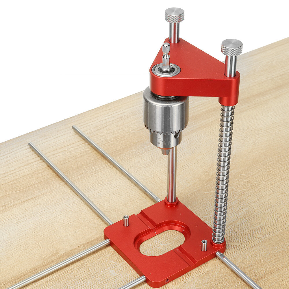 Adjustable Aluminum Alloy Woodworking Drill Locator with Extension Rods, Flip Stops & Wrench for Precision Drilling