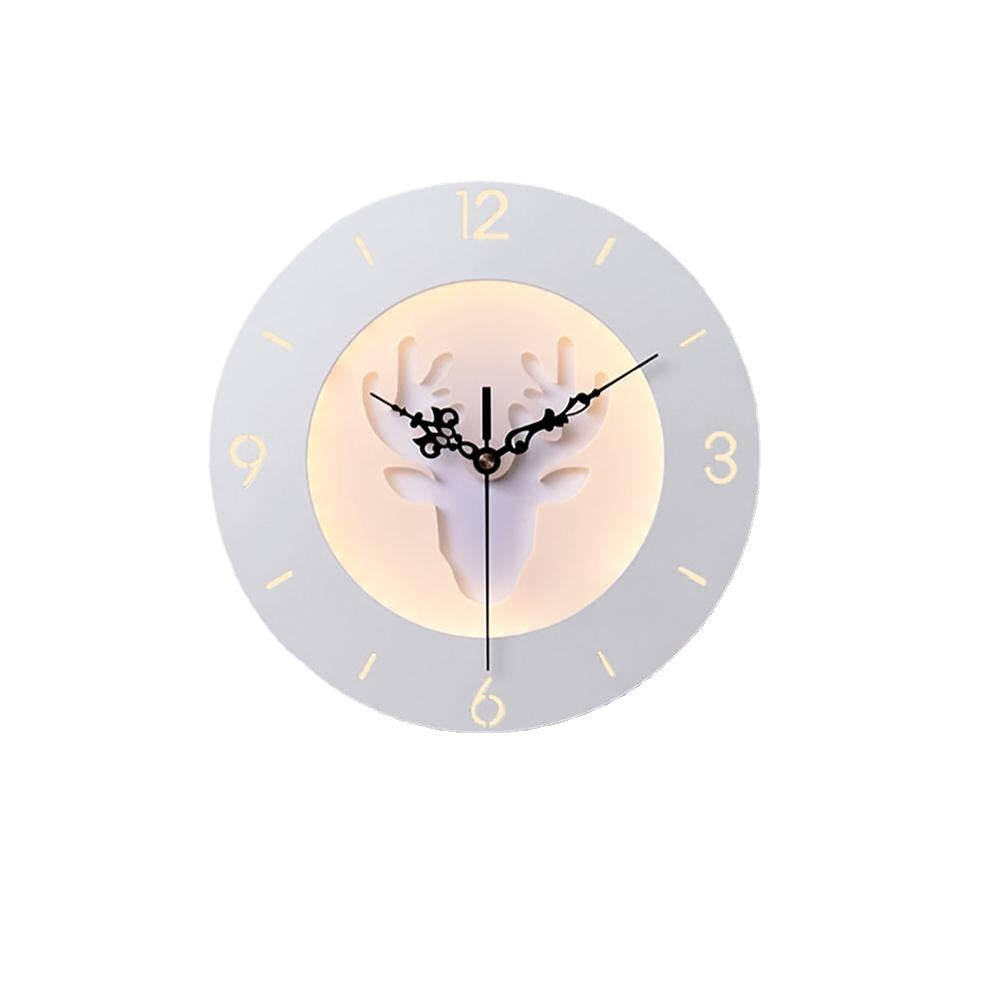 220V LED Nordic Deer Round Clock Night Light Wall Lamp Bedroom Living Room Decor 24CM