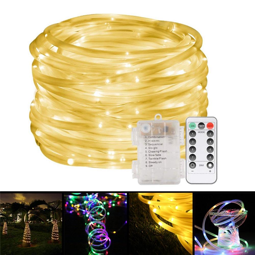 Battery Powered 8 Modes 10M 100LED Rope Tube String Light Outdoor Christmas Garden+Remote Controller