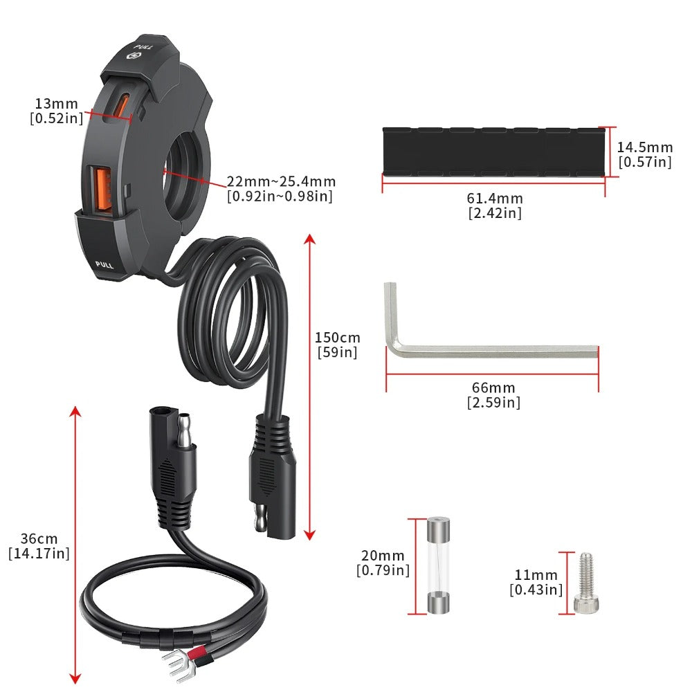 48W Waterproof USB-C Power Adapter for Motorcycles, ATVs - Dual Fast Charging Handlebar Mount Charger