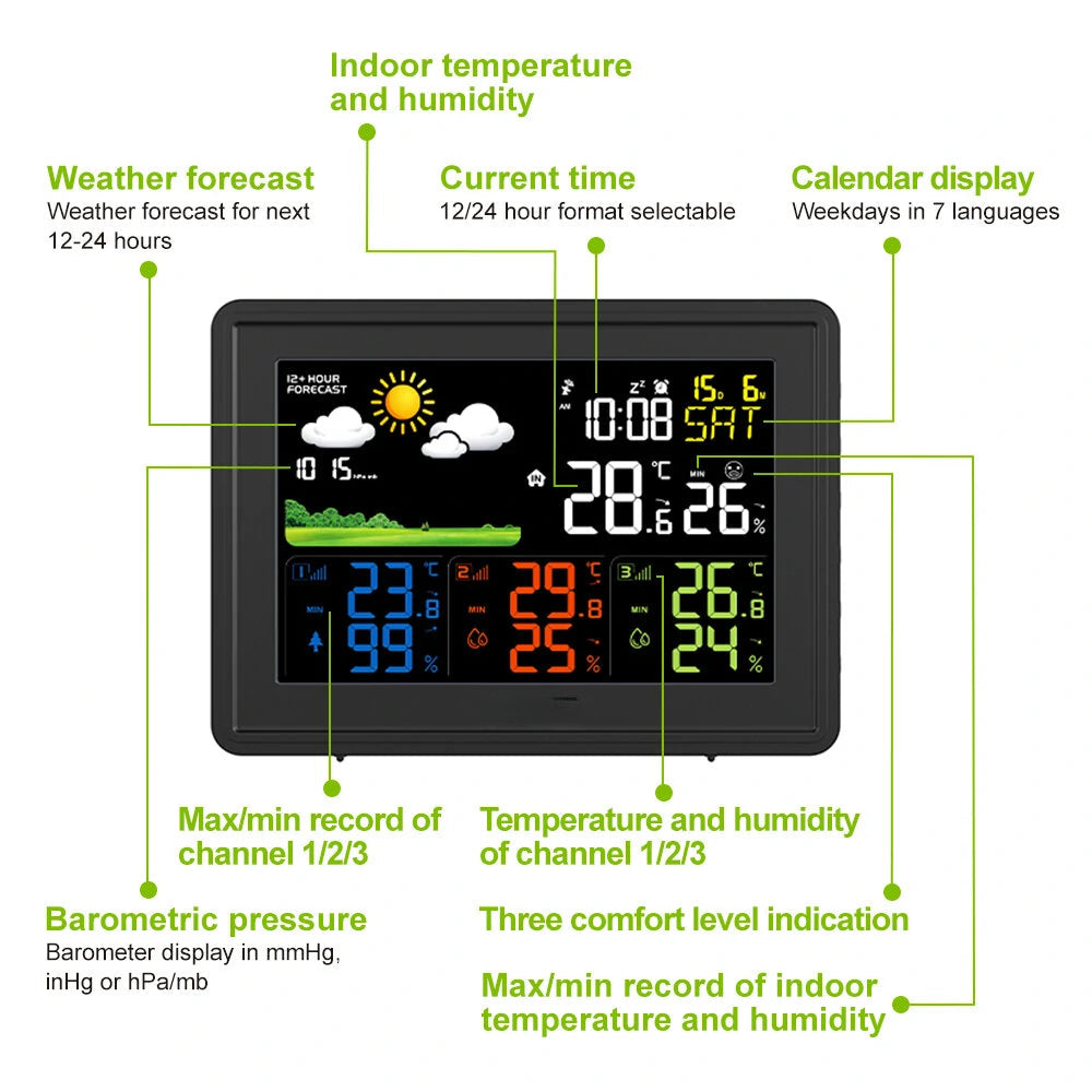 Weather Station Alarm Clock Wireless Indoor Outdoor Thermometer with Atomic Clock Forecast Station 3 Outdoor Sensors