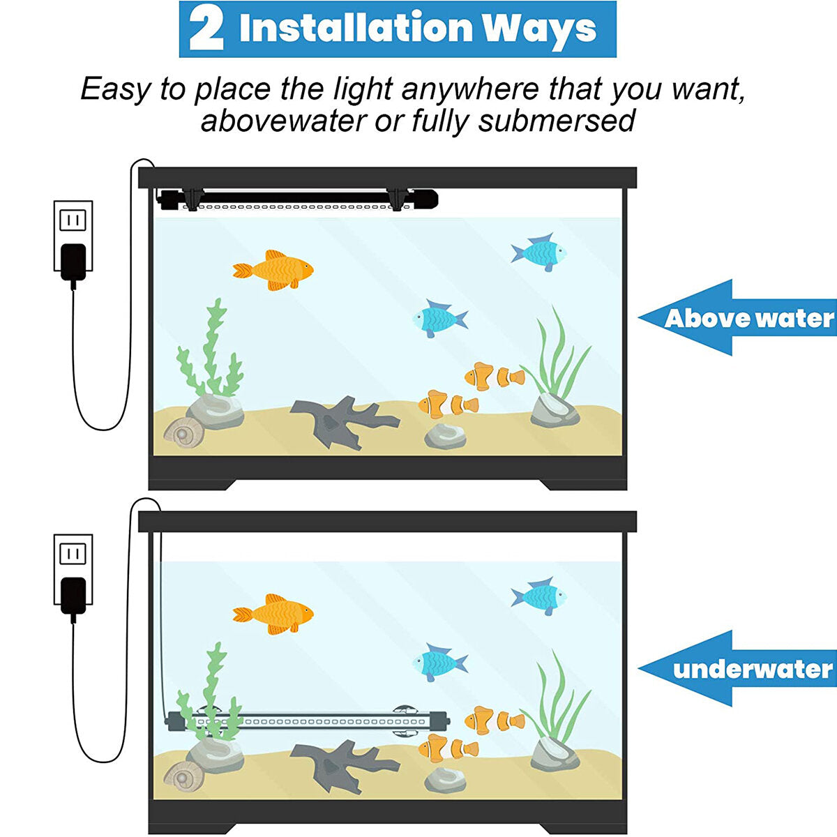 13.2W 18-90CM Fish Aquarium Tank 12V LED 3modes Submersible Light Underwater White + Blue Lamp Lantern