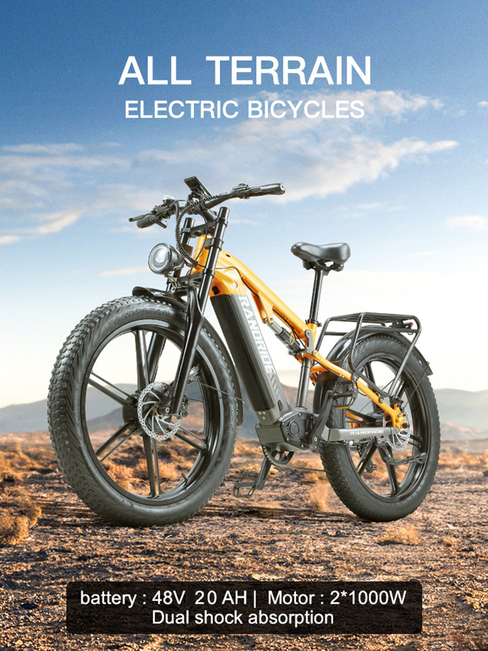48V 20Ah 2*1000W Recommended Top Speed 25KM/H 26*4.0 Inch Electric Bike 40-90KM Max Range Max Load 200KG