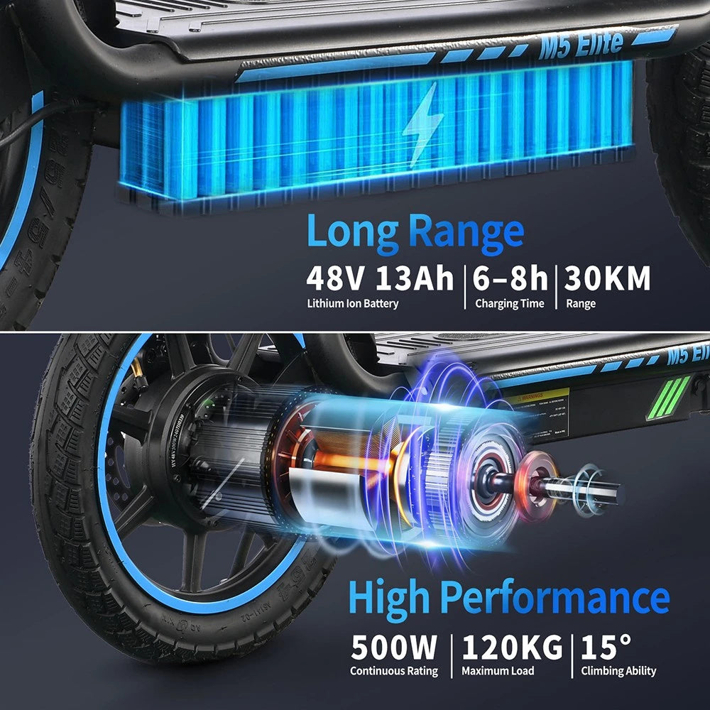 Electric Scooter 48V 13Ah Battery 500W Motor Top Speed 20KM/H 14inch Tires 30KM Max Mileage 120KG Max Load Folding E-Scooter