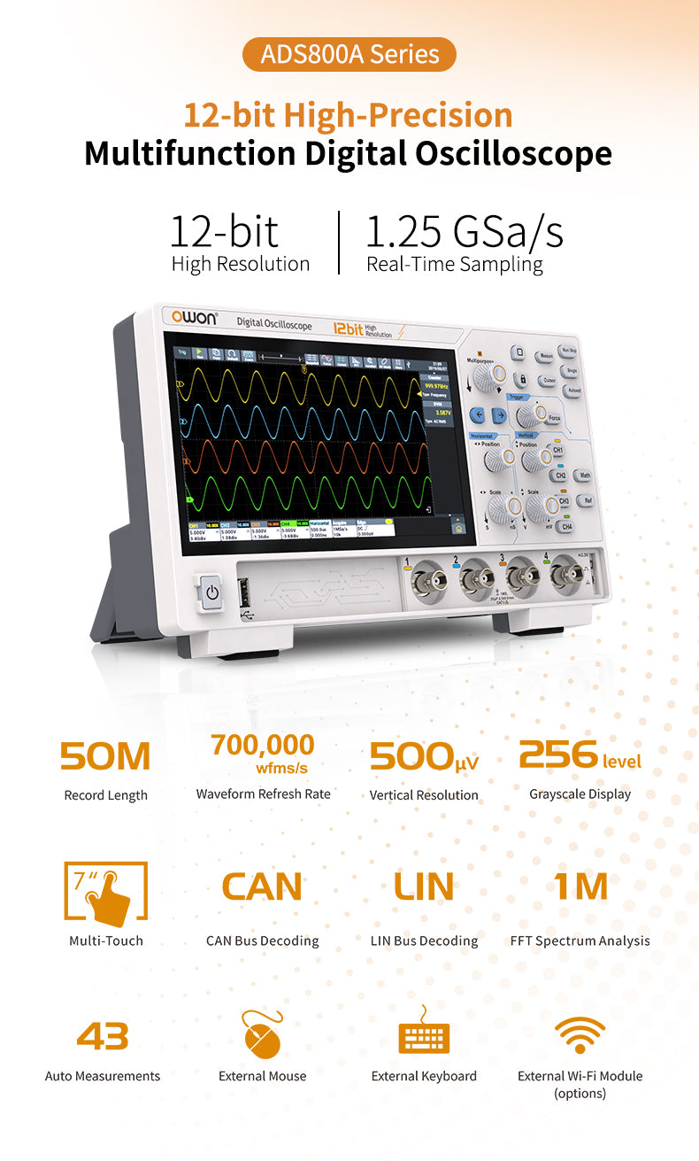 Digital Oscilloscope 70MHz 4Channel 1.25GSa/s 12-bit Vertical Resolution High Res Waveform Capture 50M Memory Depth