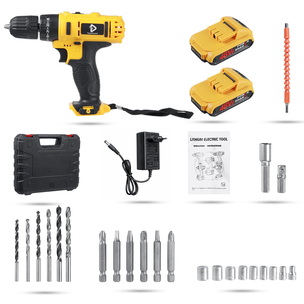 48VF Impact Drill Cordless Screwdriver Drill 25+3 Torque 2 Speed Drilling Battery Indicator Tool