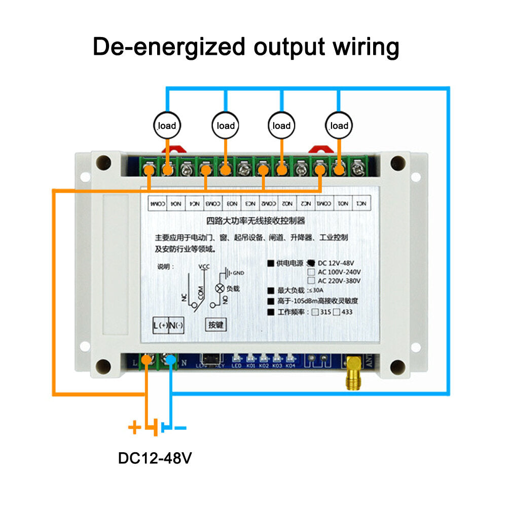 433MHz Wireless DC48V AC220V/380V Water Pump Remote Control Switch Four-way Intelligent Remote Control Switch Lamp Controller