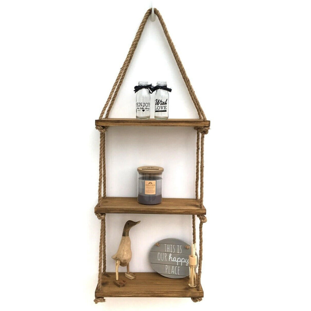 1/2/3Tier Wooden Wall Mounted Rope Floating Storage Shelf Kitchen Rack Hanging Shelves Holder