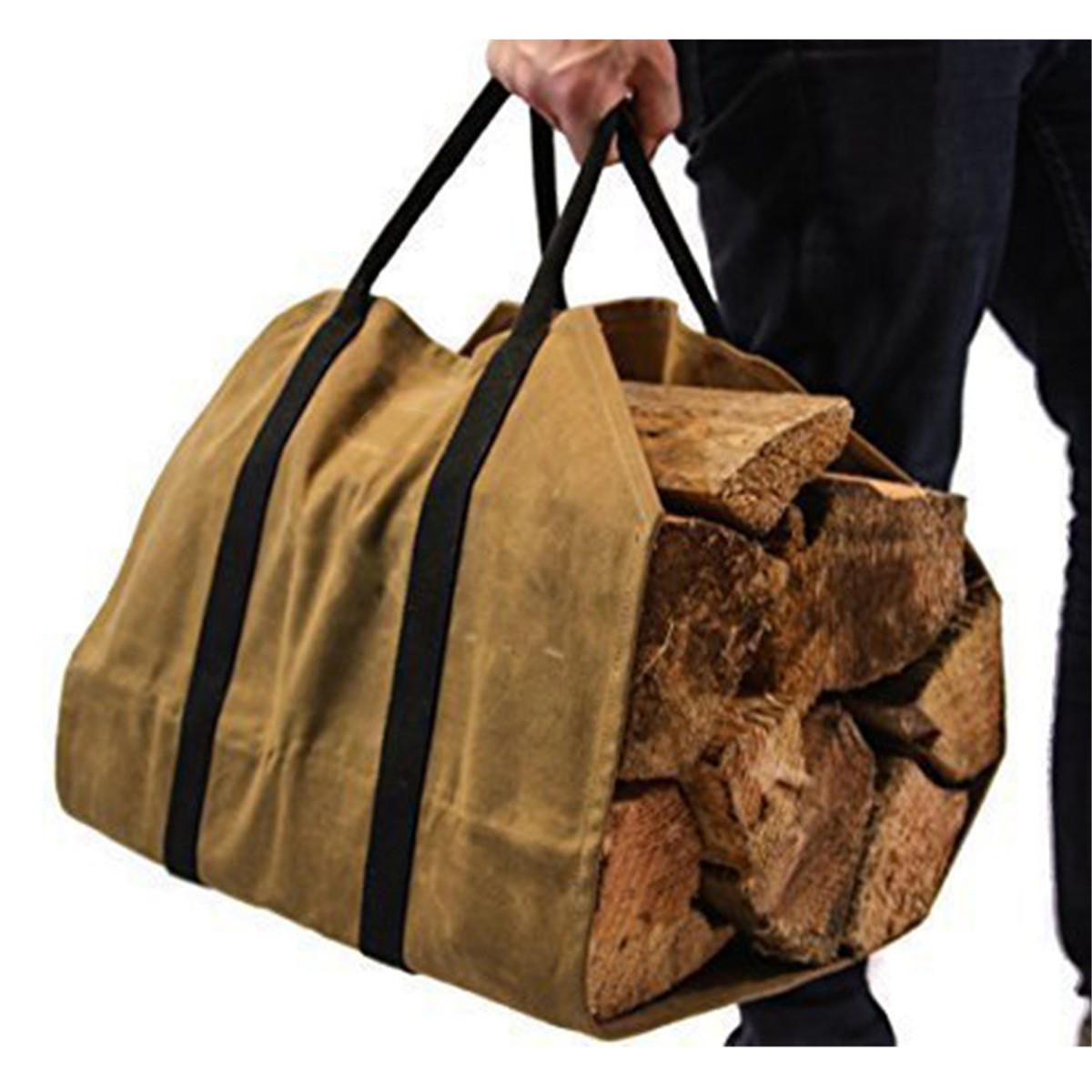khaki Firewood Carrier Log Carrier Wood Carrying Tool Bag for Fireplace Waxed Canvas